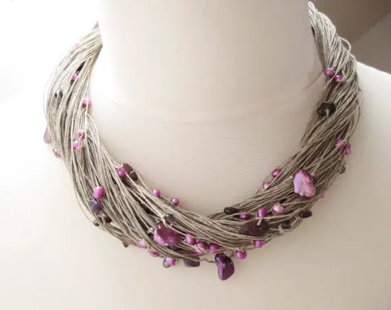 Purple Pearl Necklace, Multi Strand Necklace, Linen Necklace, Freshwater Pearls, Lavender