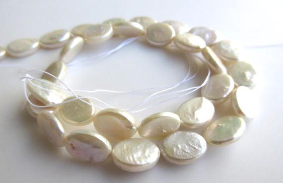 White Fresh Water Flat Oval Shaped Pearl Beads, High Lustre Fancy Shaped Loose Pearls, 15 Inches, 11mm To 14mm Each, Sku-fp37