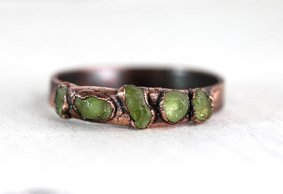 Raw Peridot Ring - August Birthstone - Wide Band Ring - Multi Stone Ring