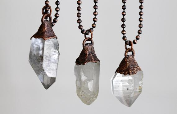 Raw Crystal Necklace - Clear Quartz Point Pendant - Beaded Stone - Layering Necklace
