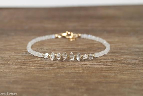 Rainbow Moonstone & Herkimer Diamond Bracelet, Beaded Quartz Crystal Jewelry, Monstone Bracelet, Herkimer Diamond Jewelry, April Birthstone