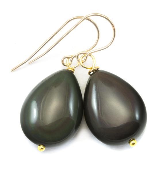 Rainbow Obsidian Earrings Rounded Teardrops Smooth Drop Sterling Silver Or 14k Solid Gold Or Filled Real Natural Simple Puffed Classic Drops