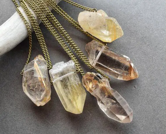 Raw Rutilated Quartz Necklace - Raw Crystal Necklace - Boho Crystal Talisman Necklace - Gold Rutile Quartz Jewelry - Raw Quartz Necklace