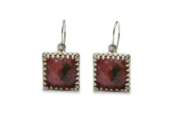 Sterling Silver Square Earrings · Rhodonite Earrings · Pink Earrings · Silver Dangle Earrings · Drop Square Earrings · Gemstone Earrings