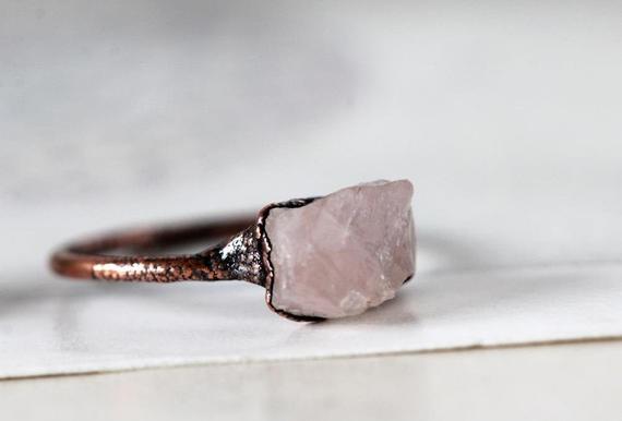 Rose Quartz Ring - Crystal Ring - Raw Pink Crystal - Electroformed Copper Ring