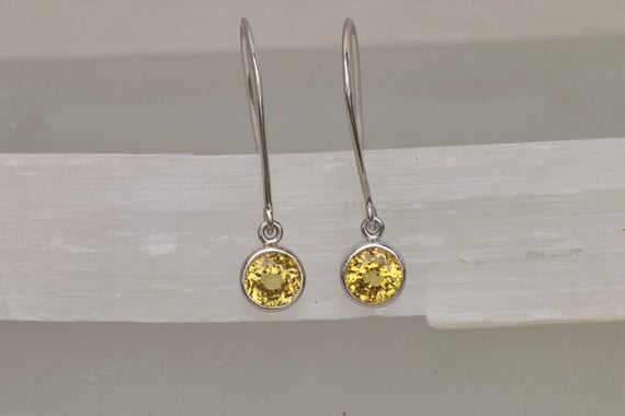 Round Yellow Sapphire Dangle Earrings In Handmade Bezel Settings