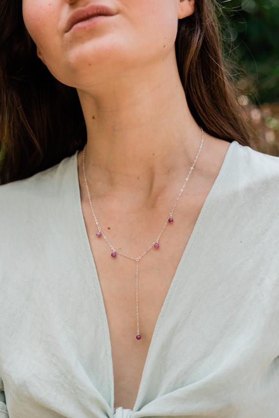 Dainty Ruby Bead Necklace. Gold Lariat Chain Ruby Necklace. Genuine Ruby Y Necklace. Real Ruby Lariat Silver Necklace. Simple Ruby Necklace.