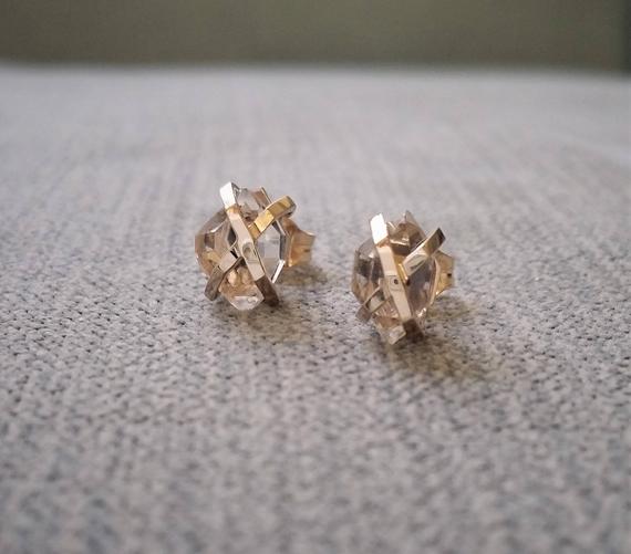 Rustic Herkimer Diamond Earrings Nordic Terminated Quartz Old World Norse Mythology Viking 14k Yellow Gold  "the Frigg"