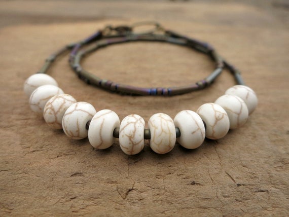 Rustic White Magnesite Necklace, White Turquoise Everyday Bohemian Beaded Necklace In Neutral Bone White And Brown