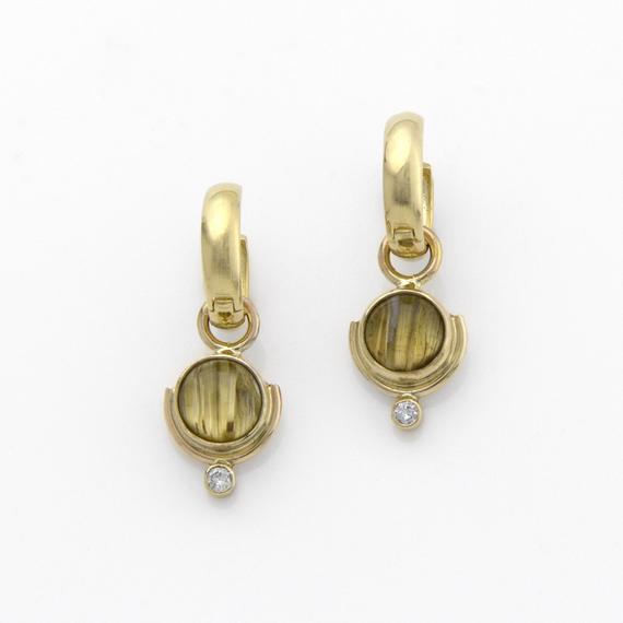 Quartz Rutilated And Diamond Earrings On Removable 14k Yellow Gold Hoops In Art Deco Style