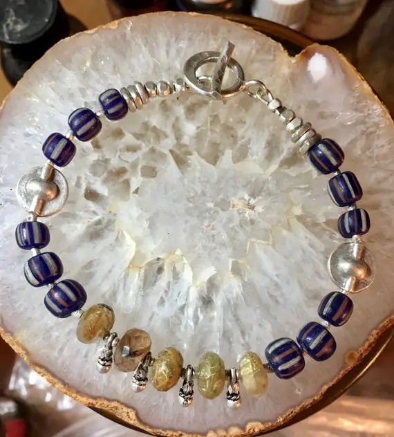 Tribal Bracelet, Tribal Jewelry, African Trade Bead Bracelet, Hill Tribe Silver Bracelet, Rutilated Quartz Bracelet, Boho Bracelet
