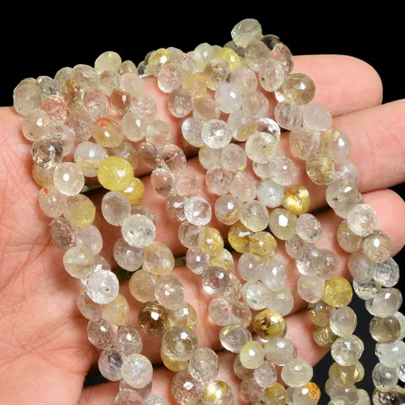 Rutilated Quartz Gemstone Faceted Onion Briolettes | Aaa+ Golden Rutile Natural Semi Precious Gemstone 8mm Onion Beads For Jewelry Making