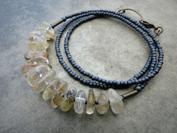 Rutilated Quartz Bead Necklace, Rustic Gray And Yellow Gold Bohemian Inclusion Quartz Pebble Jewelry, Healing Crystal