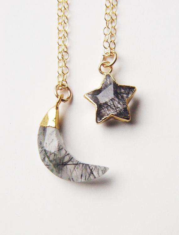 Rutile Quartz Star Necklace, Crescent Moon Quartz Gold Necklace