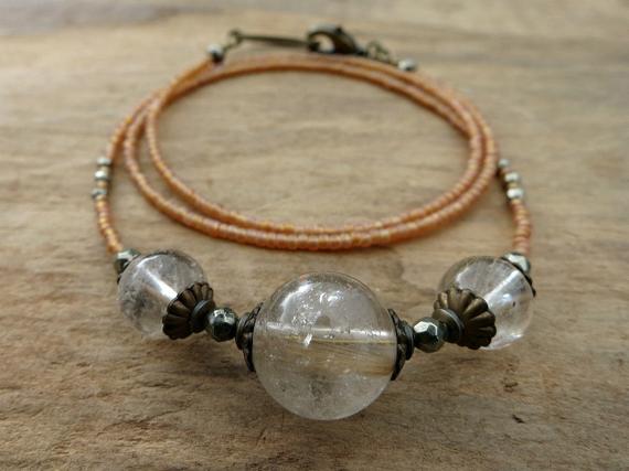 Rutilated Quartz Sphere Necklace, Rustic Vintage Inspired Jewelry With Peach Seed Beads, Bohemian Inclusion Quartz Necklace