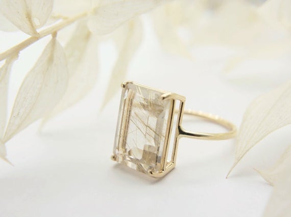 16x12 Emerald Cut Golden Rutilated Quartz Solitaire Ring, Gold Rutilated Quartz Emerald Cut Cocktail Ring, Statement Ring, 14k Solid Gold