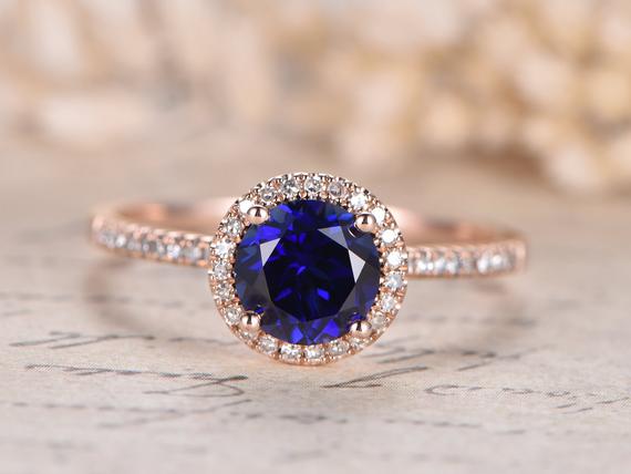 Blue Sapphire Engagement Ring 14k Rose Gold Diamond Wedding Ring 7mm Round Lab-treated Blue Sapphire Ring Diamond Wedding Band Women Ring