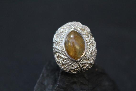 Silver Rutilated Quartz Statement Ring, Rutilated Quartz Jewelry, Silver Rutilated Quartz Ring,  Silver Knot Ring