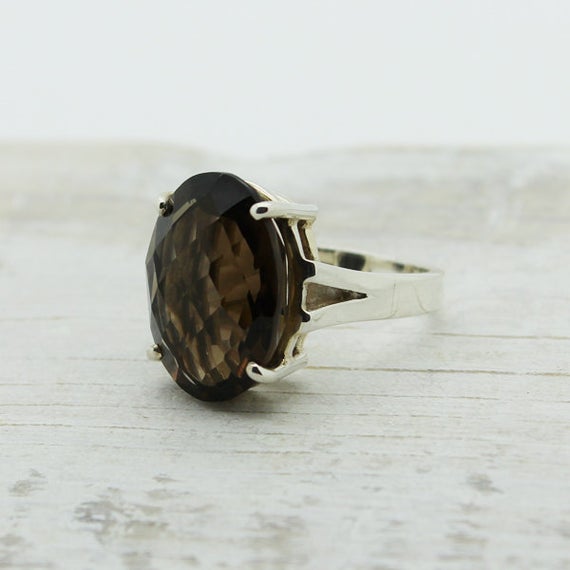 Smokey Quartz Princess Cut Stone Natural Set On 925 Sterling Silver Great Quality Ring With Prong