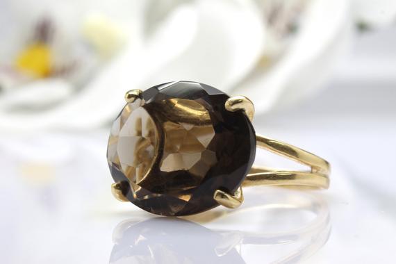 Brown Quartz Ring · Big Oval Ring · 14k Gold Gem Ring · Gold Statement Ring · Wide Gold Ring · Gemstone Ring · Brown Stone Ring