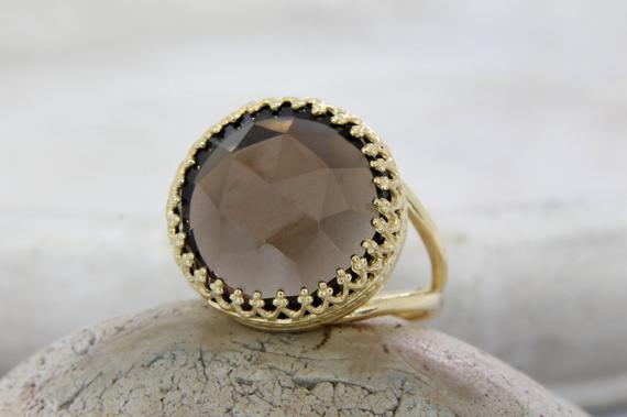 Smoky Quartz Ring · Personalized Ring · Gold Ring · Big Large Ring · Gemstone Ring · Mother's Gift · Sister's Ring