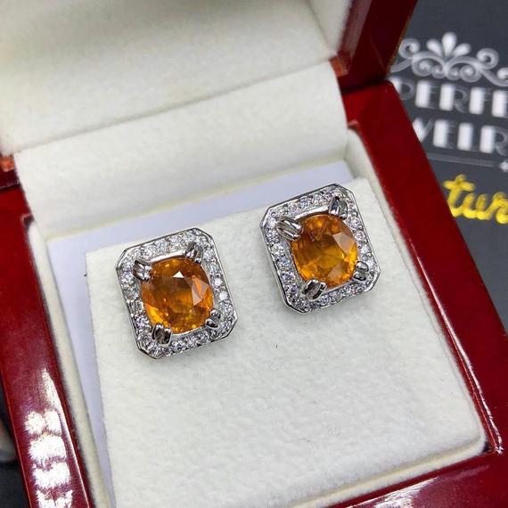 Sparkling! 5.62tcw Yellow Sapphire & Vs Diamonds In 18k Solid Handmade White Gold Earrings Studs Orange Thai Ceylon Wedding Modern Halo