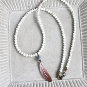 Shop Magnesite Jewelry! Sparrow Feather Necklace – Beaded Necklace – Polymer Feather – boho necklace, boho jewelry, woodland necklace, magnesite necklace, white | Natural genuine Magnesite jewelry. Buy crystal jewelry, handmade handcrafted artisan jewelry for women.  Unique handmade gift ideas. #jewelry #beadedjewelry #beadedjewelry #gift #shopping #handmadejewelry #fashion #style #product #jewelry #affiliate #ad
