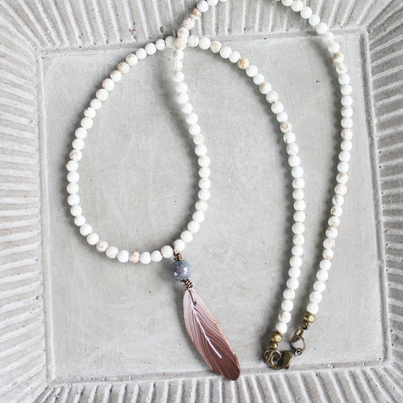 Sparrow Feather Necklace - Beaded Necklace - Polymer Feather - Boho Necklace, Boho Jewelry, Woodland Necklace, Magnesite Necklace, White