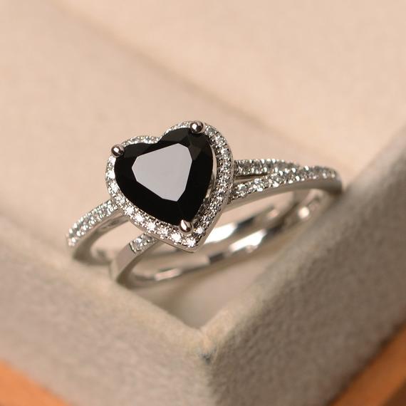 Black Spinel Ring, Heart Cut Black Gemstone, Halo Rings, Engagement Ring Wedding Band