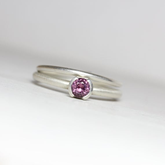 Delicate Wedding Ring Set Purple Spinel Silver Half Bezel Bridal Band Minimalistic Understated Violet Faceted Gemstone For Her - Sugarplum