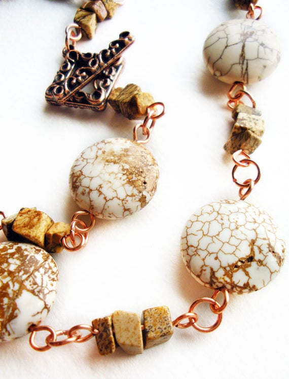 Stone Handmade Necklace With Natural White Magnesite Brown Picture Jasper And Coppe Wire