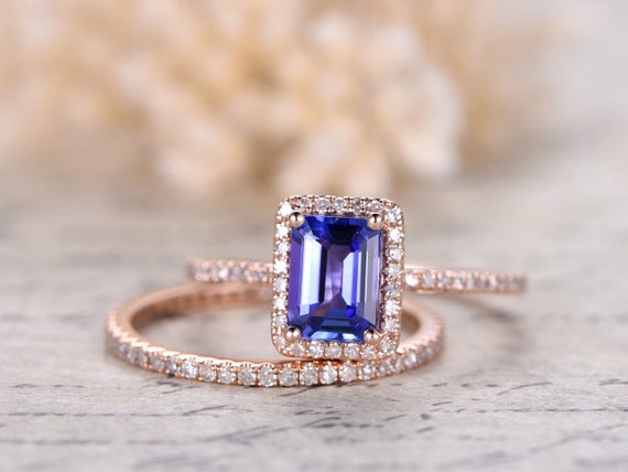 5x7mm Vs Natural Tanzanite Ring Set,14k Rose Gold Engagement Ring Emerald Cut Wedding Ring Diamond  Band,party Gift,promise Ring,thin Band