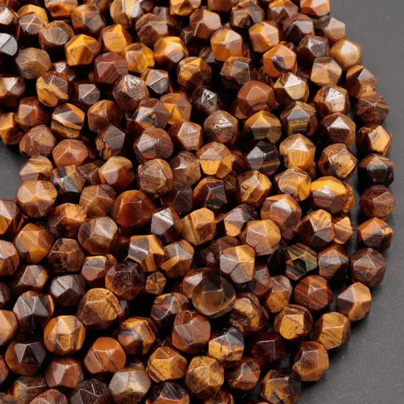 Star Cut Natural Tiger's Eye Beads Faceted 6mm 8mm 10mm Rounded Nugget Sharp Facets 15" Strand