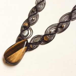 Shop Macrame Jewelry! Tiger's Eye macrame necklace, Teardrop shape, Tiger eye, natural gemstone, Macrame necklace, silver leaf, Brown tiger eye, macrame necklace | Natural genuine Gemstone jewelry. Buy crystal jewelry, handmade handcrafted artisan jewelry for women.  Unique handmade gift ideas. #jewelry #beadedjewelry #beadedjewelry #gift #shopping #handmadejewelry #fashion #style #product #jewelry #affiliate #ad