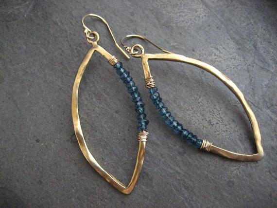 Blue Topaz Marquise Shaped Earrings, Blue Faceted Gemstone Dangle,  Uneven Shaped Wavy Hoops, Gold/blue Earrings, Satin Finish