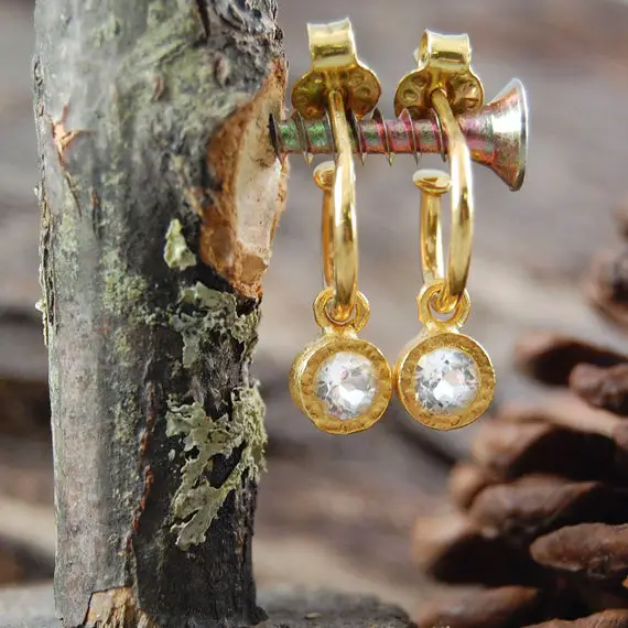 Topaz Small Hoop Earrings, Gold Dangle Earrings, Gold Earrings, Bridal Earrings, Gemstone Hoops, Clear Stone Earrings, Gold Vermeil, 925