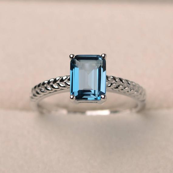 Promise Ring, London Blue Topaz Ring, Emerald Cut Blue Gemstone, Solitaire Ring, Sterling Silver Ring