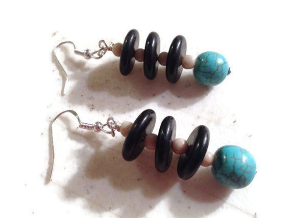 Turquoise Earrings - Turquoise Black White Jewelry - Sterling Silver Jewellery - Dangle - Mod - Fashion - Gemstone