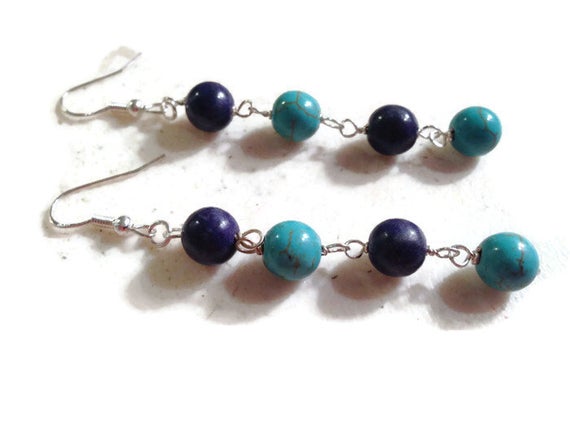 Turquoise Earrings - Turquoise Navy Blue Jewelry - Sterling Silver Jewellery - Dangle - Mod - Fashion - Gemstone