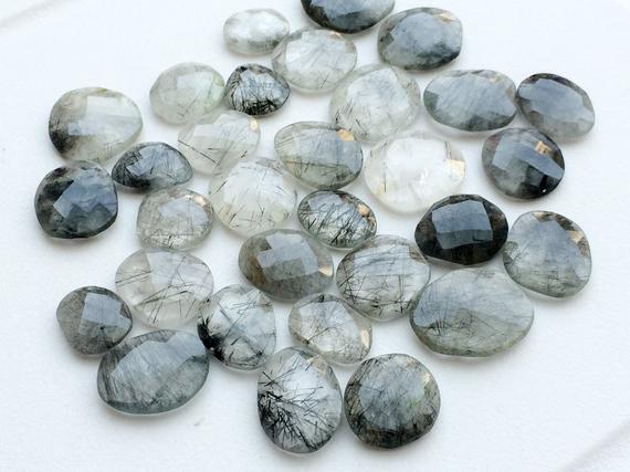 14-18mm Black Rutilated Quartz Rose Cut Cabochon, Black Rutile Faceted Flat Back Beads, Rutile Gems For Jewelry (5pcs To 10pcs Options)