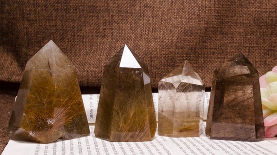 Wholesale Natural Gold Rutilated Tower-clear Smoky Quartz-obelisk-dense Filaments-beautiful Threads Included-rainbow-polished Raw Stone