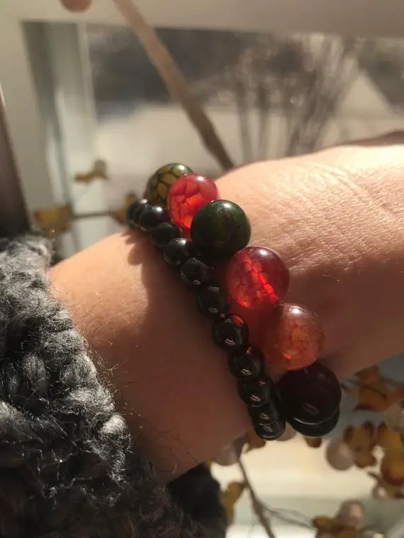 Beautiful Multi-color Agate Stretch Bracelet, Protection Stones, Green, Burgundy Red