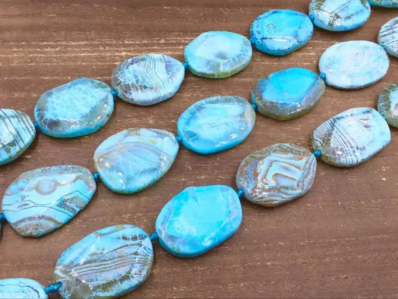 Light Blue Agate Slice Beads Faceted Agate Slab Beads Dragon Agate Gemstone Slice Beads Drilled Large Agate Beads 8-9pieces 25-40*40-50mm
