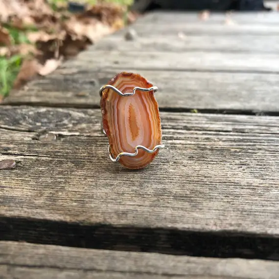 Stunning Natural Carnelian Agate Silver Ring, Orange Agate Slice Ring, Special Piece, Brazilian Orange Agate Slice , Agate Ring Size 6 7 8 9
