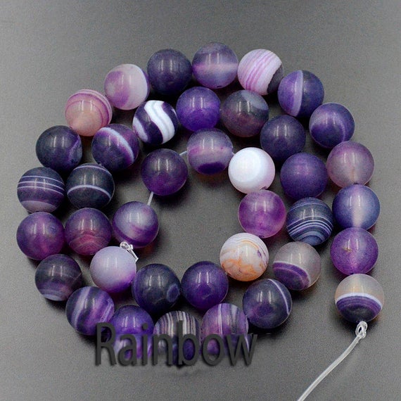 Matte Frosted Purple Banded Stripe Agate Beads, Gem 6mm 8mm 10mm 12mm Stone Round Jewelry Gemstone Beads For Jewelry Making