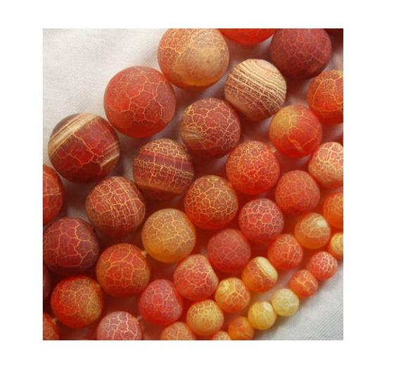 Natural Matte Frosted Orange Hyacinth Fire Crackle Agate Beads, 4mm 6mm 8mm 10mm 12mm 14mm 16mm Stone Round Gemstone Beads Jewelry Making