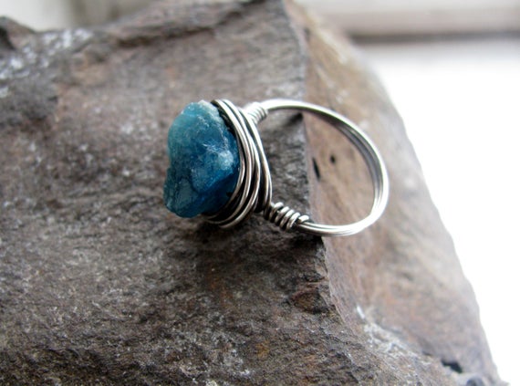 Raw Apatite Nugget And Sterling Silver Filled Wire Wrapped Ring