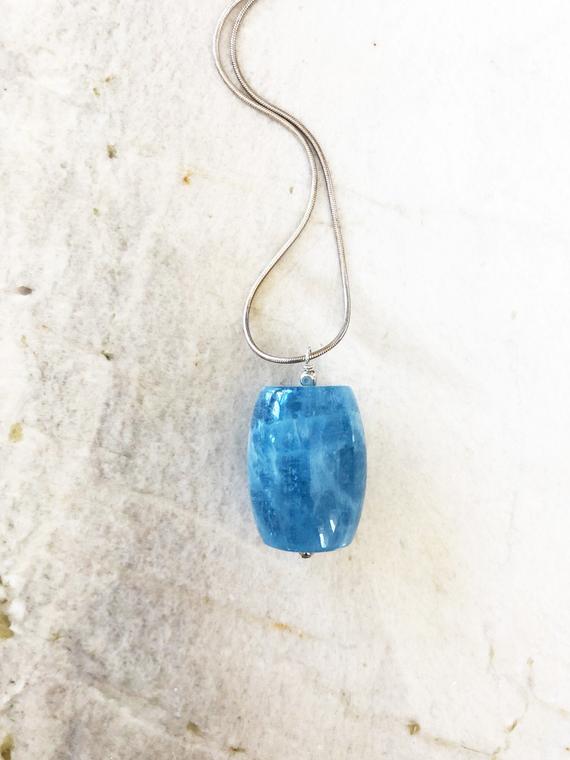 Blue Aquamarine Statement Pendant On A Sterling Silver Snake Chain - March Birthstone
