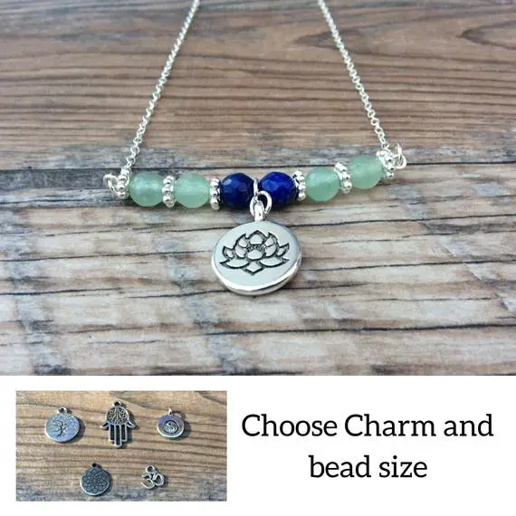 Lotus Necklace, Buddha, Om, Gemstone Necklace, Green, Blue