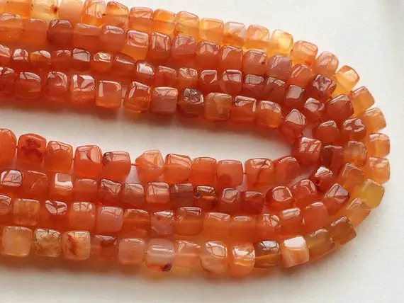6-8mm Carnelian Plain Box Cube Beads, Juicy Orange Carnelian Box Beads, Carnelia Cubes For Jewelry (6.5in To 13in Options)